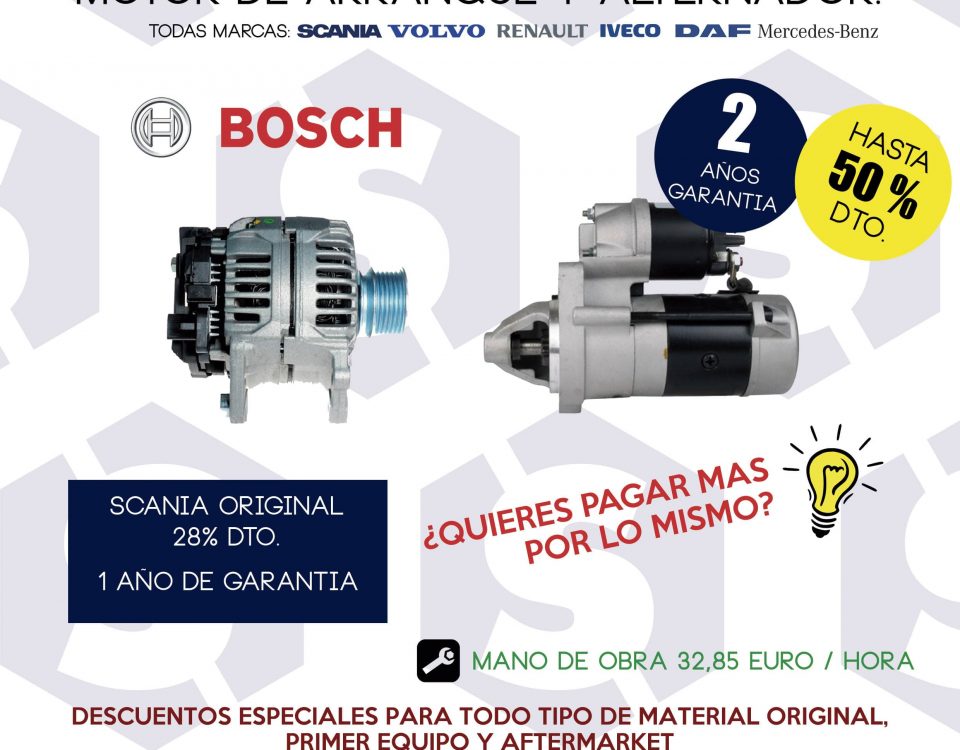 Sustitución motor de arranque y alternador para camiones en SCAORTIZ, con recambios Bosch
